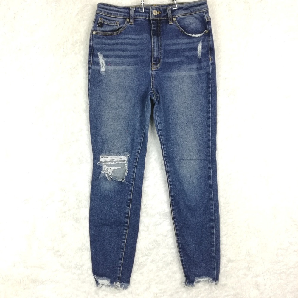 Kancan Womens Jeans Skinny Blue Denim Raw Hem High Rise Ripped Stretch 11